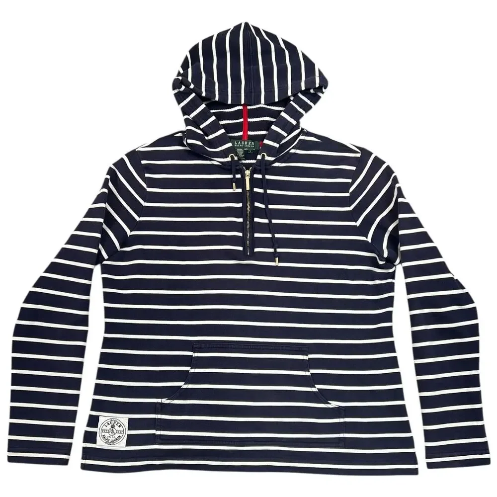 Lauren Ralph Lauren Navy Stripe Half Zip Hoodie Pullover Sweatshirt - L - Picture 1 of 10